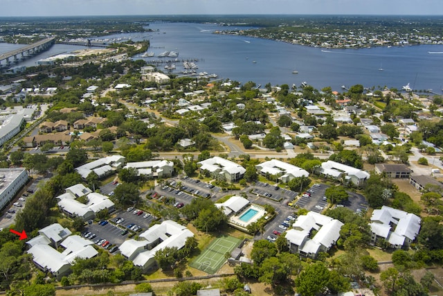 aerial view featuring a water view