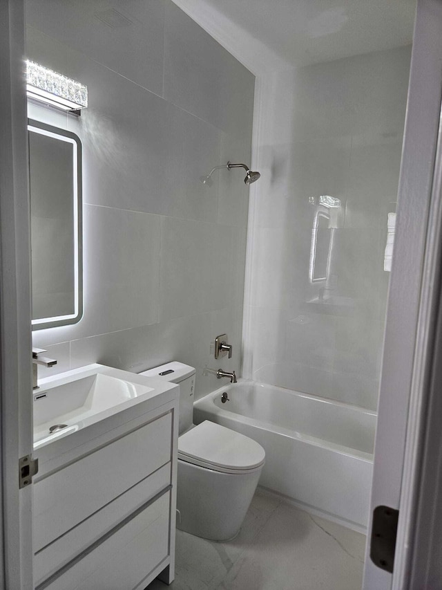 7861 Manor Forest Ln, Boynton Beach, FL 33436 - bathroom with toilet, vanity, bathing tub / shower combination, and marble look tile flooring