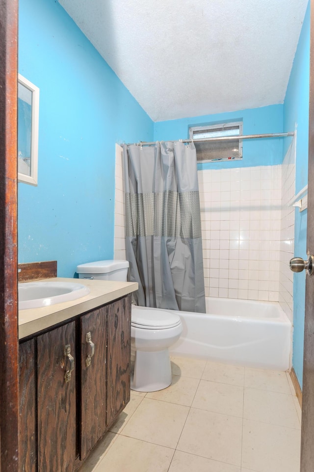 1043 NE 20th St, Belle Glade, FL 33430 - bathroom with vanity, tile patterned flooring, lofted ceiling, shower / bath combination with curtain, and toilet