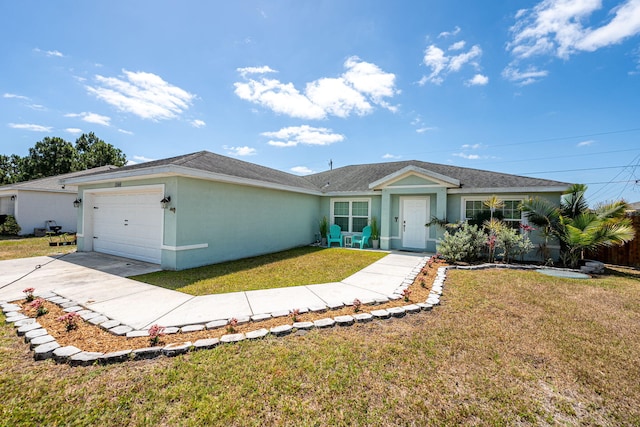 1566 SW Andalusia Rd, Port Saint Lucie, FL 34953 - ranch-style home with a shingled roof, an attached garage, stucco siding, a front yard, and driveway