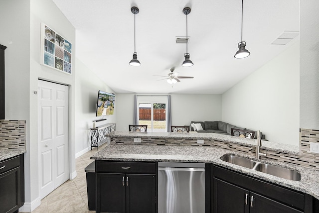 1566 SW Andalusia Rd, Port Saint Lucie, FL 34953 - kitchen with ceiling fan, visible vents, dishwasher, a sink, and dark cabinets