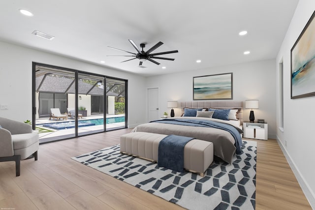 bedroom featuring access to exterior, light wood-style floors, recessed lighting, baseboards, and a ceiling fan