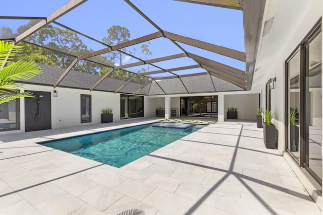 outdoor pool with a patio and a lanai