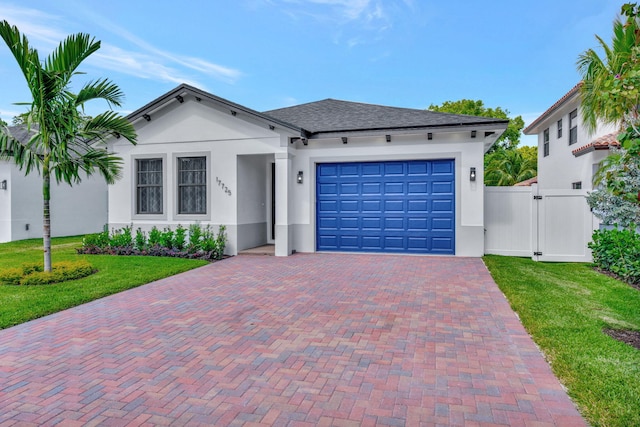 single story home featuring decorative driveway, an attached garage, a front yard, and stucco siding