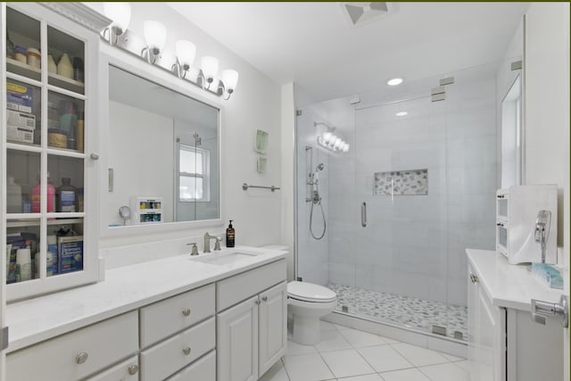 full bathroom with vanity, toilet, tile patterned flooring, and a shower stall