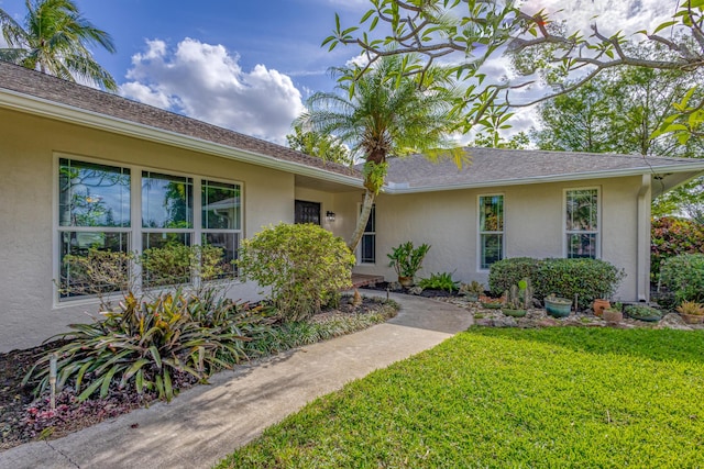 view of front facade featuring a front yard and stucco siding