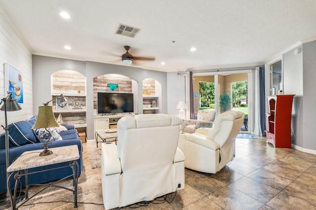 living area with ornamental molding, recessed lighting, a ceiling fan, and baseboards