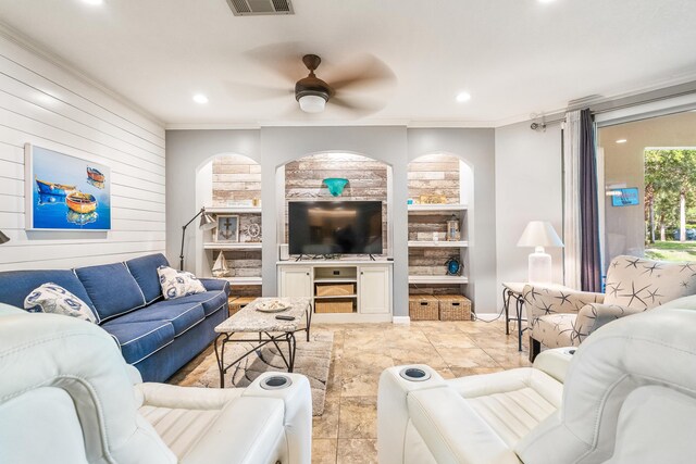 living room featuring ornamental molding, recessed lighting, ceiling fan, built in features, and baseboards