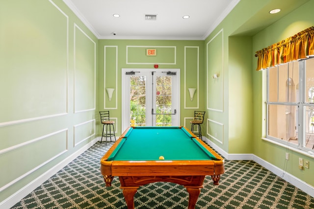 rec room with a decorative wall, ornamental molding, carpet floors, pool table, and baseboards