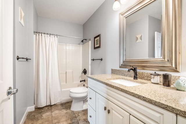 bathroom featuring vanity, toilet, shower / bath combination with curtain, and baseboards