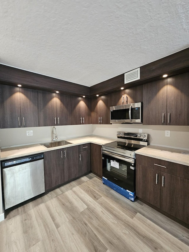 kitchen with dark brown cabinets, a sink, stainless steel appliances, light wood-type flooring, and visible vents
