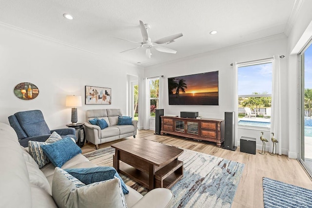 132 Steeple Cir, Jupiter, FL 33458 - living area featuring ornamental molding, ceiling fan, light wood-type flooring, recessed lighting, and baseboards