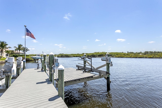 dock area with boat lift and a water view