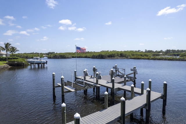 dock with boat lift and a water view