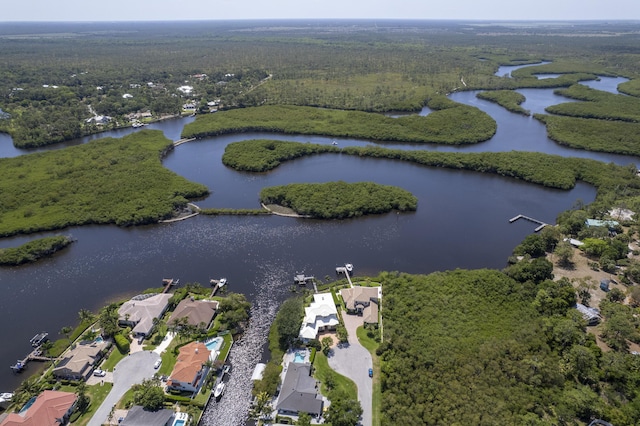 aerial overview of property's location featuring a nearby body of water and a forest