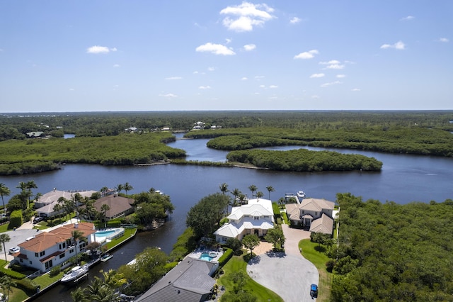 drone / aerial view of a large body of water and a heavily wooded area