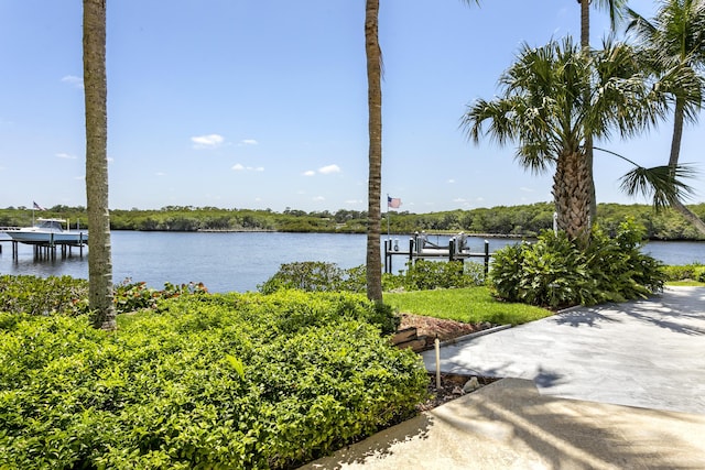 water view featuring boat lift and a dock