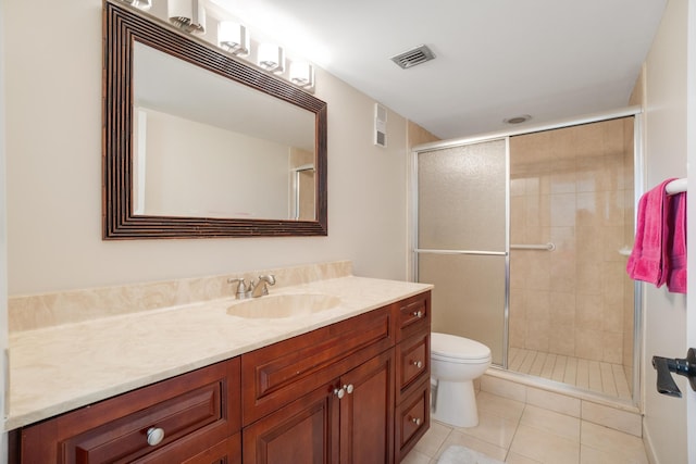 7240 Huntington Ln Unit 105, Delray Beach, FL 33446 - bathroom featuring toilet, tile patterned floors, visible vents, and a shower stall