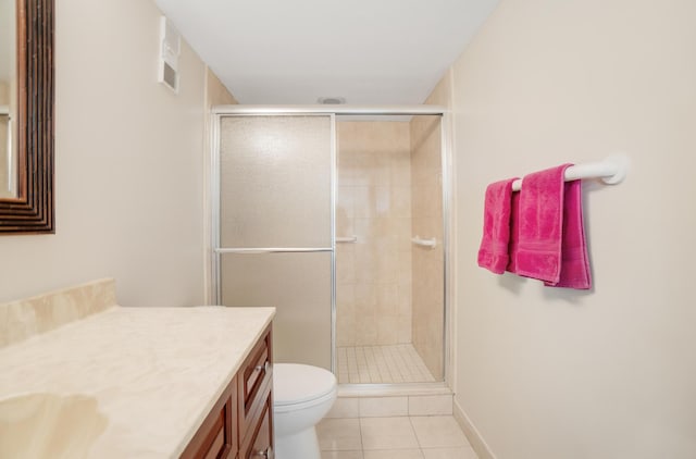 7240 Huntington Ln Unit 105, Delray Beach, FL 33446 - bathroom featuring toilet, vanity, visible vents, tile patterned floors, and a shower stall