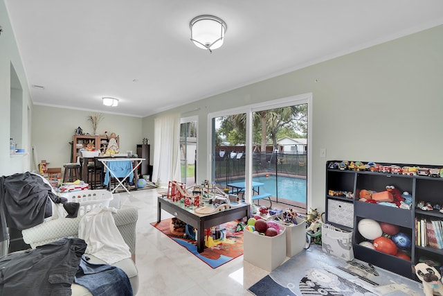 living room featuring ornamental molding and marble finish floor