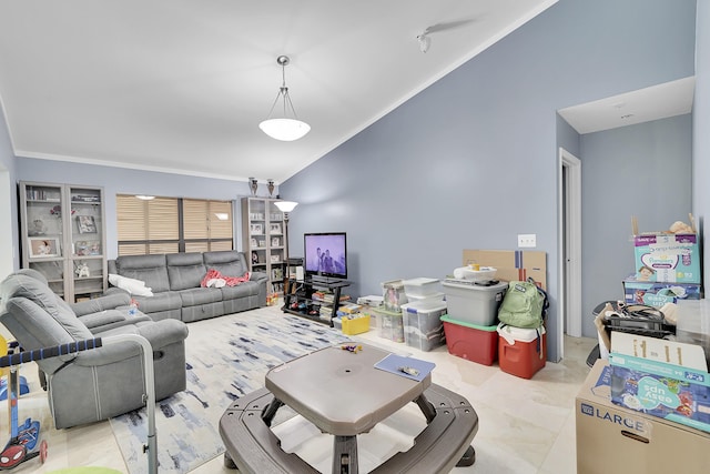 living room with ornamental molding and lofted ceiling