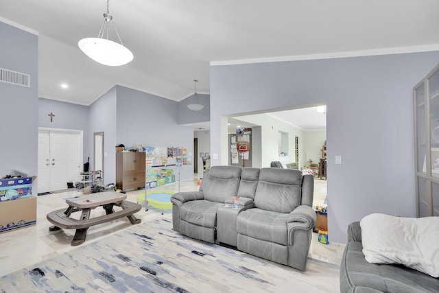 living area with high vaulted ceiling, visible vents, and ornamental molding