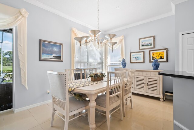 tiled dining space with crown molding and arched walkways