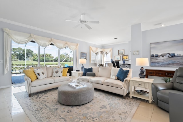 tiled living room with a ceiling fan and ornamental molding