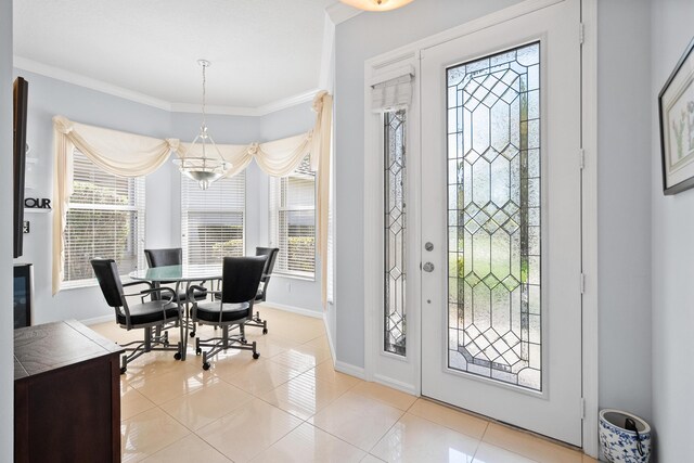 dining area with beverage cooler, crown molding, light tile patterned flooring, and baseboards