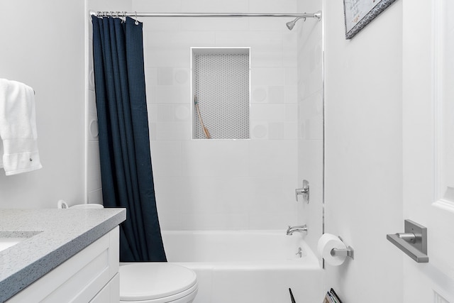 full bathroom with toilet, shower / tub combo with curtain, and vanity
