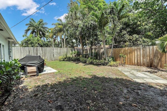 view of yard featuring a patio area and a fenced backyard