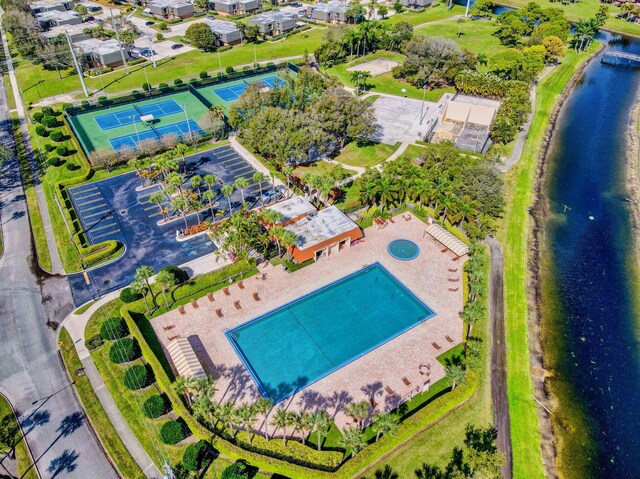 aerial view of a large body of water and a pool area