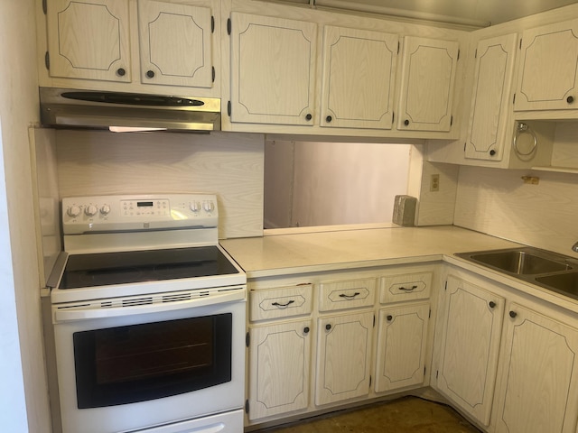 kitchen with a sink, light countertops, white electric range oven, and under cabinet range hood
