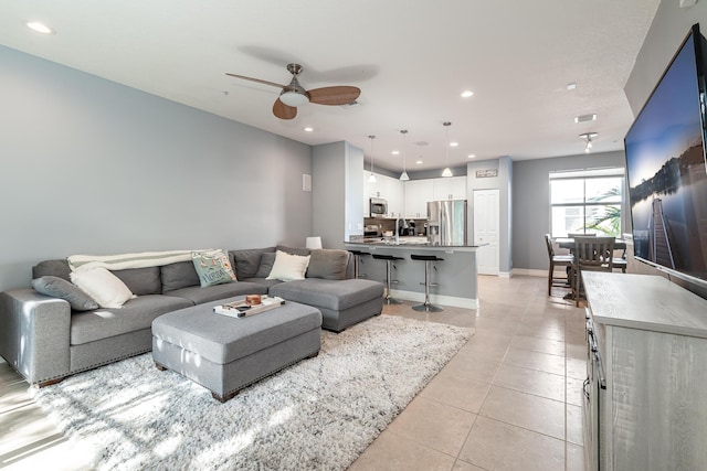 75 Atlantic Grove Way, Delray Beach, FL 33444 - living room featuring ceiling fan, light tile patterned floors, recessed lighting, and baseboards