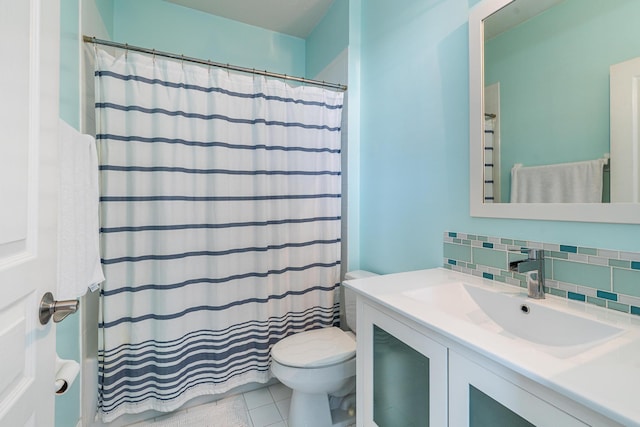75 Atlantic Grove Way, Delray Beach, FL 33444 - full bathroom with toilet, decorative backsplash, a shower with curtain, vanity, and tile patterned floors