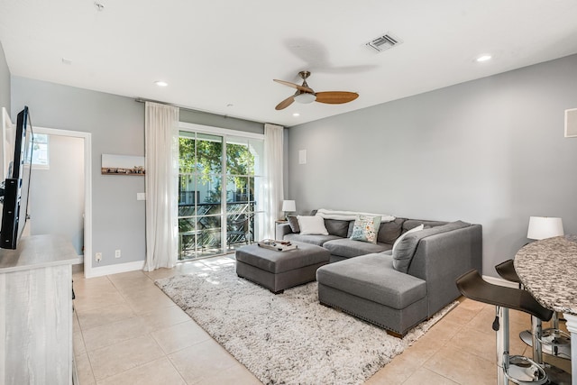 75 Atlantic Grove Way, Delray Beach, FL 33444 - living room with ceiling fan, light tile patterned floors, recessed lighting, and baseboards