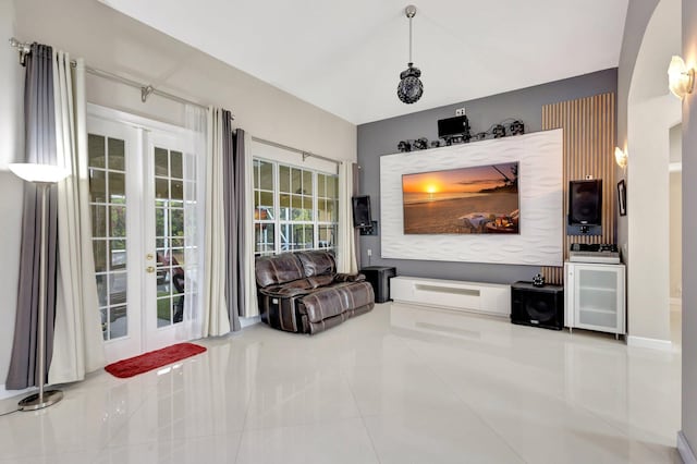 living room with french doors and tile patterned flooring