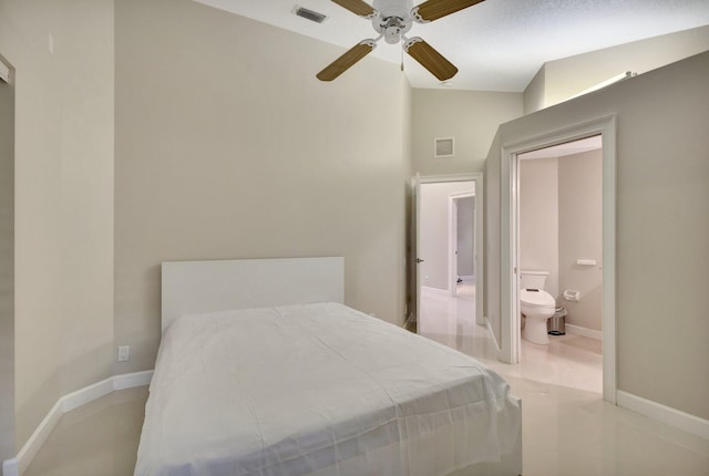 bedroom featuring ceiling fan, connected bathroom, baseboards, and visible vents