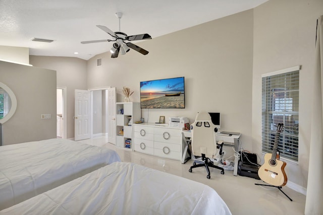 bedroom with ceiling fan, baseboards, and visible vents