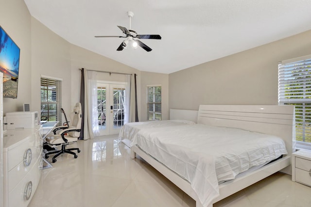 bedroom featuring light tile patterned floors, vaulted ceiling, french doors, and access to exterior