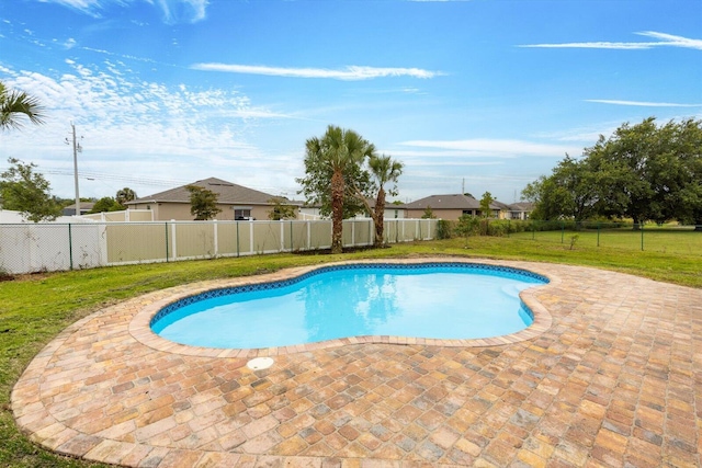 view of pool featuring a lawn, a fenced backyard, a fenced in pool, and a patio