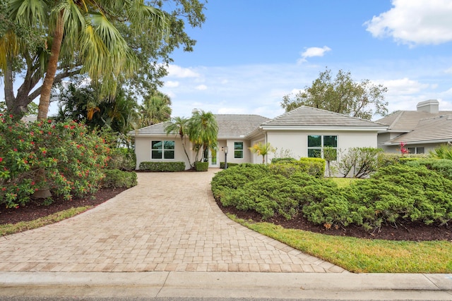 ranch-style house featuring decorative driveway, stucco siding, and a tiled roof
