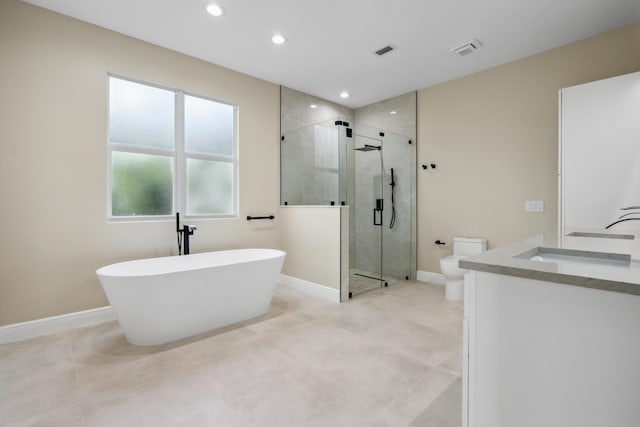 full bathroom featuring visible vents, toilet, recessed lighting, a soaking tub, and a shower stall