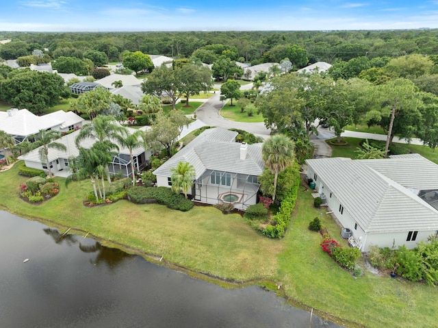 aerial view featuring a water view and a residential view
