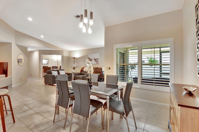 dining room featuring light tile patterned floors, lofted ceiling, baseboards, and recessed lighting
