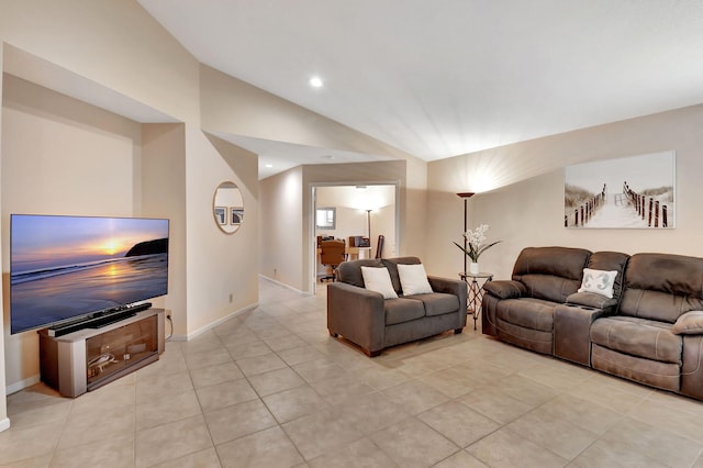 living room featuring vaulted ceiling, light tile patterned flooring, baseboards, and recessed lighting