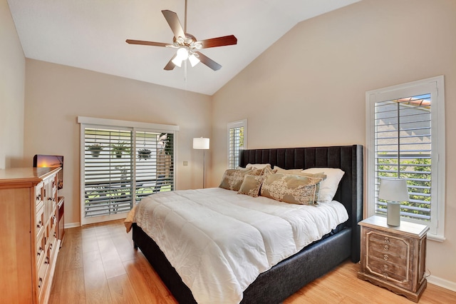 bedroom featuring light wood-style flooring, access to outside, high vaulted ceiling, ceiling fan, and baseboards
