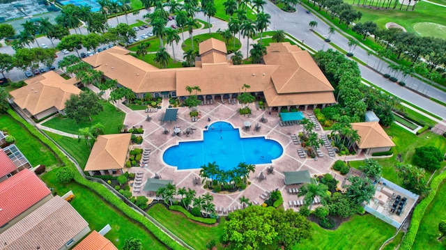 aerial overview of property's location with a pool area