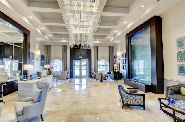 common area featuring coffered ceiling and a high ceiling