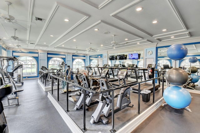 gym featuring ceiling fan, coffered ceiling, plenty of natural light, recessed lighting, and beamed ceiling